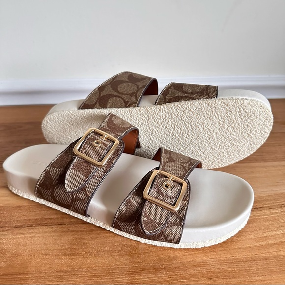 NEW Coach Women Size 11 Allanah Signature Khaki Chalk Sandals Slides CK412 - Picture 1 of 8